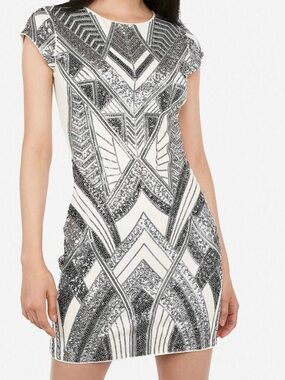 Express Embellished Black & White & Silver Sequin Sheath Dress…